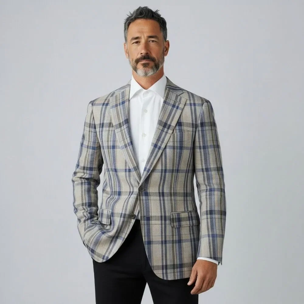 RALPH LAUREN Mens Blazer Sport Coat Two Button Jacket 40R Blue/Beige Linen Suit